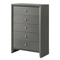 Deny Tall Dresser Chest, 5 Drawers, Silver Round Knobs, Metallic Gray Wood - BM338507
