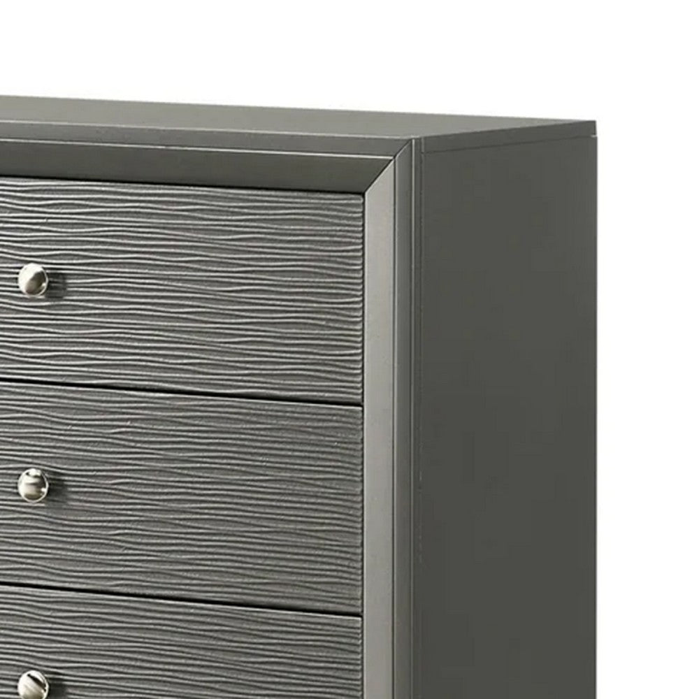 Deny Tall Dresser Chest, 5 Drawers, Silver Round Knobs, Metallic Gray Wood - BM338507