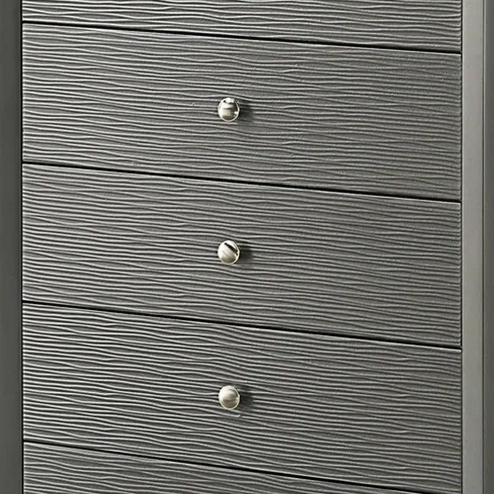 Deny Tall Dresser Chest, 5 Drawers, Silver Round Knobs, Metallic Gray Wood - BM338507