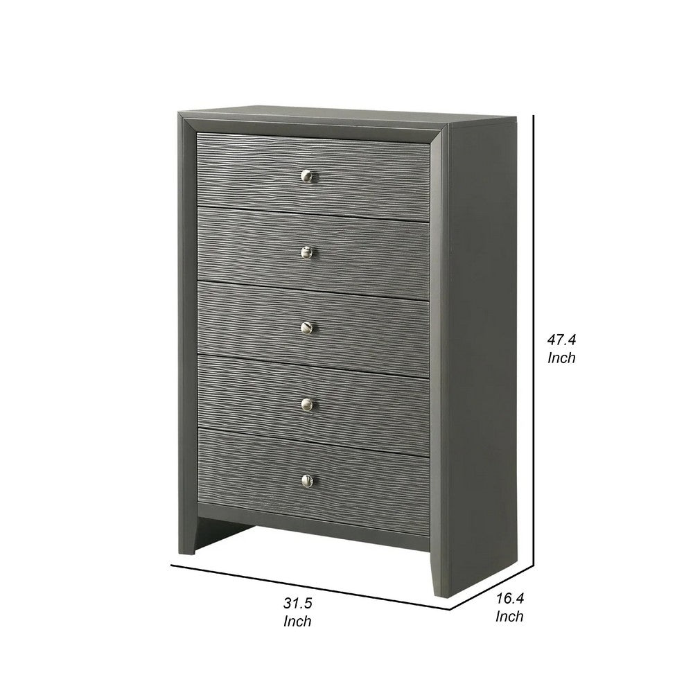 Deny Tall Dresser Chest, 5 Drawers, Silver Round Knobs, Metallic Gray Wood - BM338507