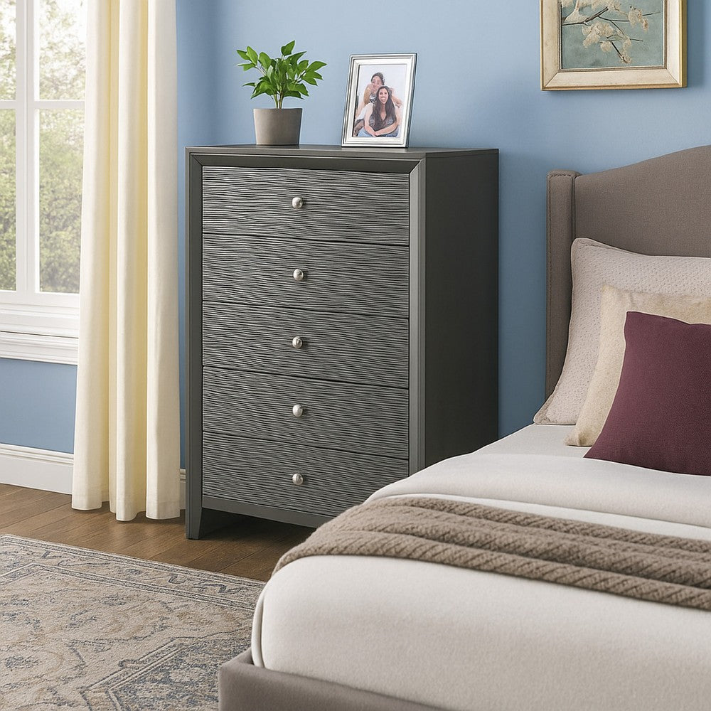 Deny Tall Dresser Chest, 5 Drawers, Silver Round Knobs, Metallic Gray Wood - BM338507