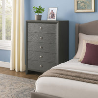 Deny Tall Dresser Chest, 5 Drawers, Silver Round Knobs, Metallic Gray Wood - BM338507