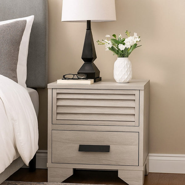 Sary Nightstand, 2 Drawers, Black Finger Handles, Off White Wood - BM338513