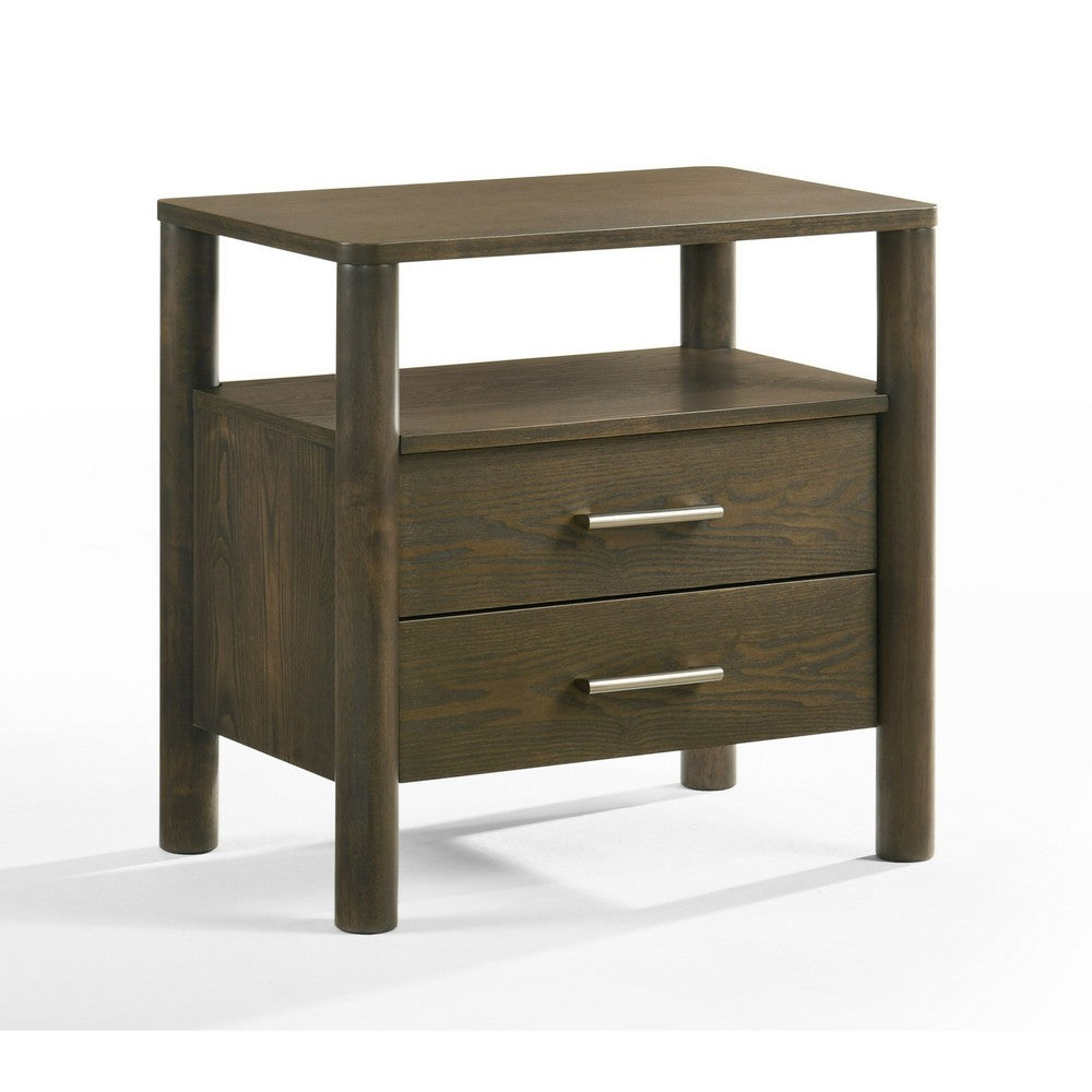 Cid Caro Nightstand, 2 Drawers 1 Shelf, Wenge Brown Rubberwood, 24 Inch - BM338538