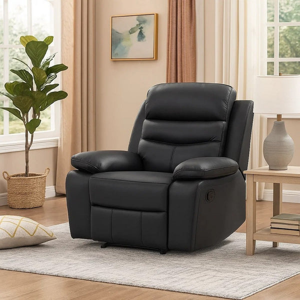 Hanna Manual Reclining Chair, Black Top Grain Leather - BM338546