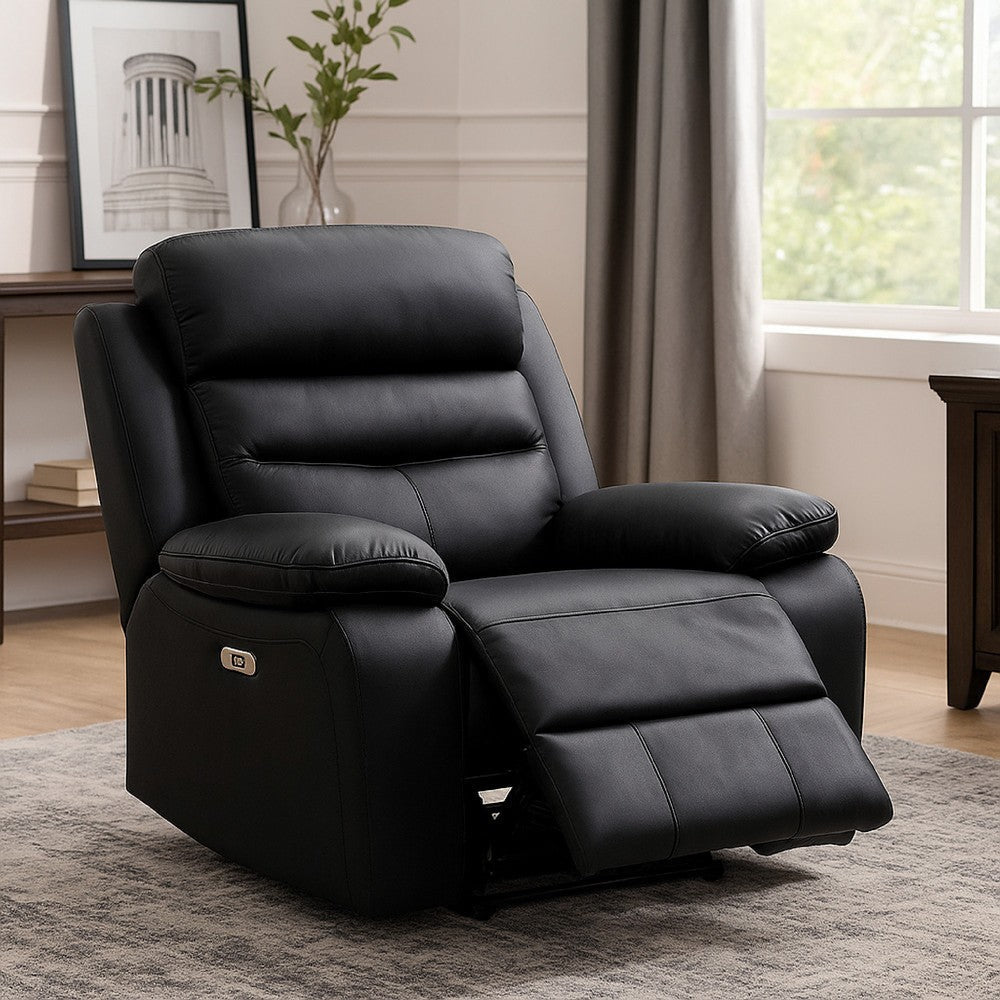Hanna Power Reclining Chair, USB Port, Black Top Grain Leather - BM338547