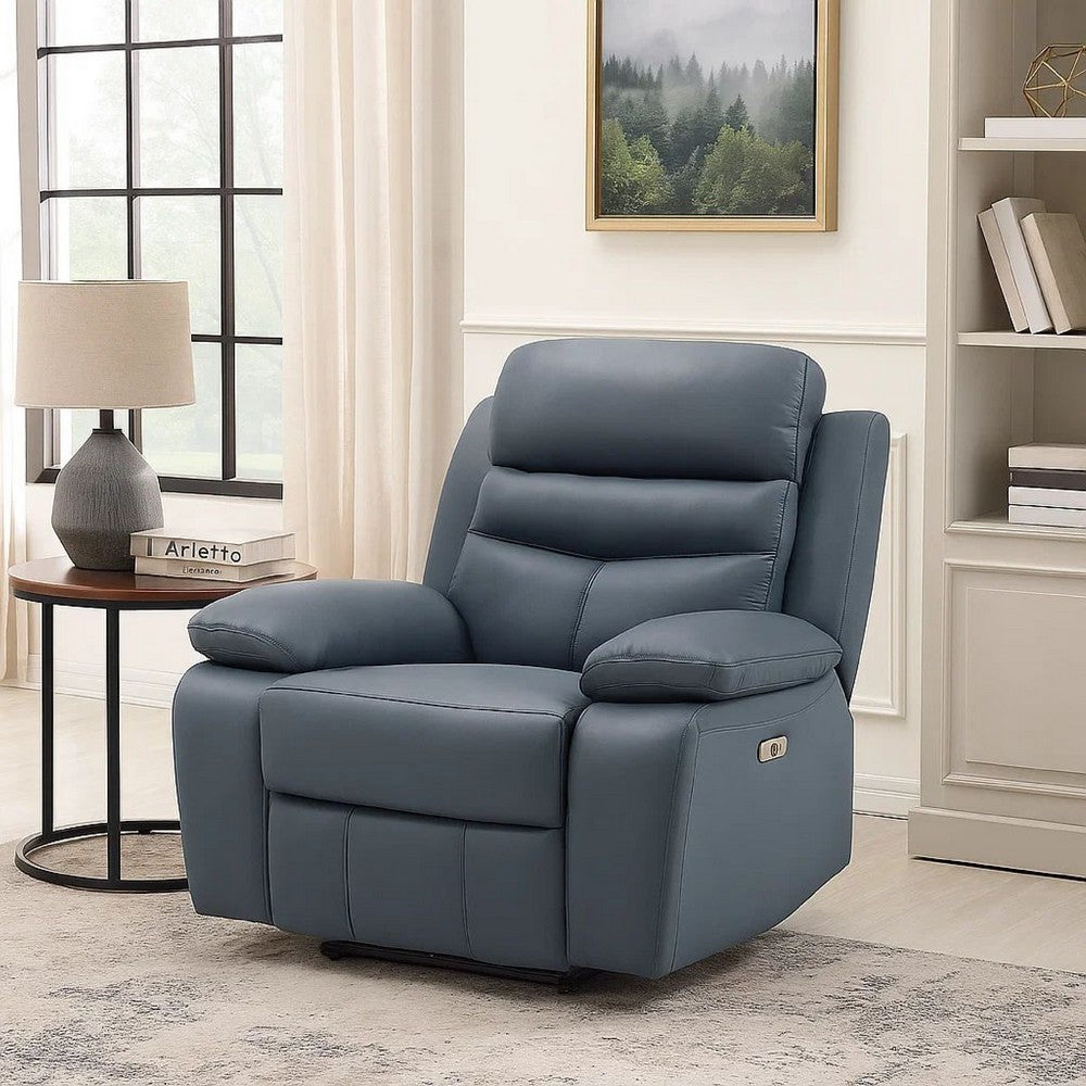 Hanna Power Reclining Chair, Blue Top Grain Leather Cushions, USB Port - BM338553