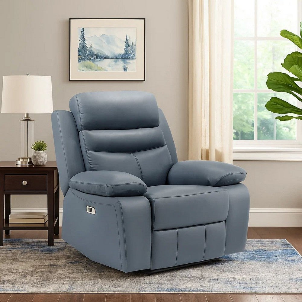 Hanna Power Reclining Chair, Blue Top Grain Leather Cushions, USB Port - BM338553