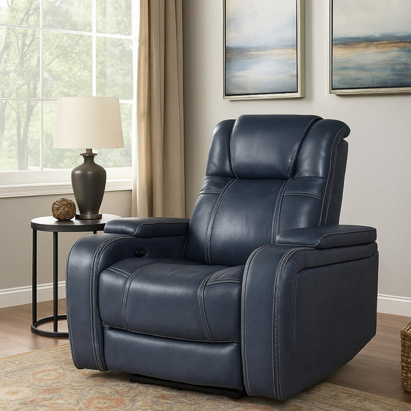 Ezia Power Reclining Chair, Power Headrest, Storage Arms, Blue Leather - BM338601