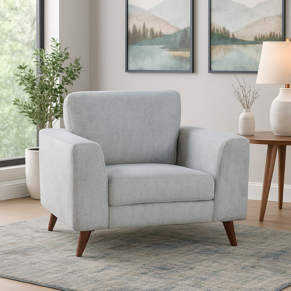 Ricca Armchair, Blue Gray Chenille, Foam, Angled Brown Wood Legs - BM338604