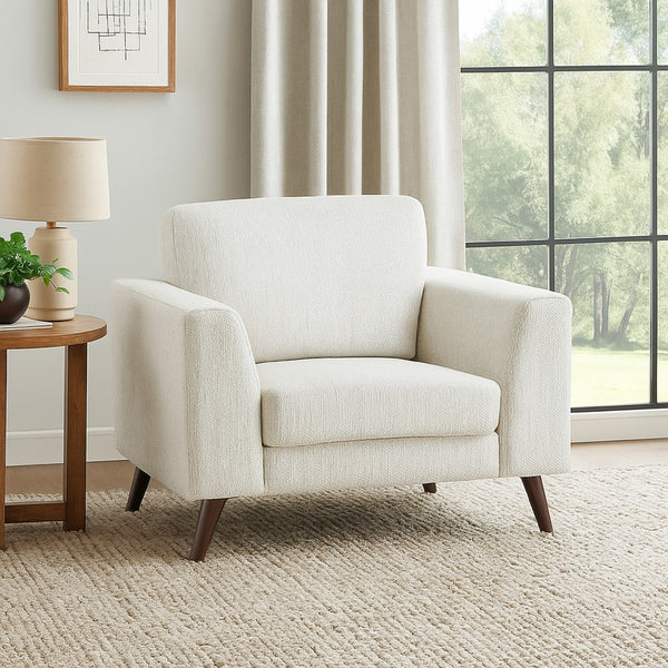 Ricca Armchair, Cloud White Chenille, Foam, Angled Brown Wood Legs - BM338607