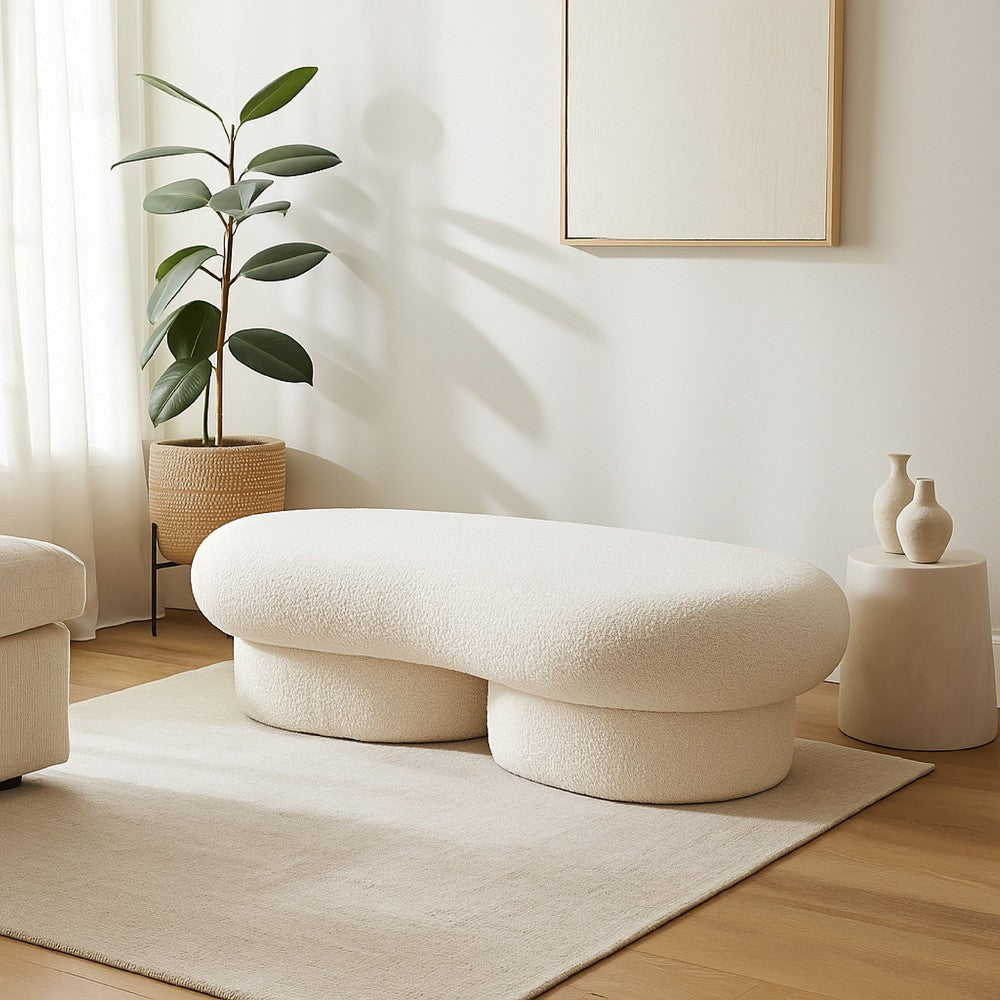 Curved Accent Bench, Solid Wood Frame, Soft Ivory Boucle Upholstery, 59 Inch -BM338625