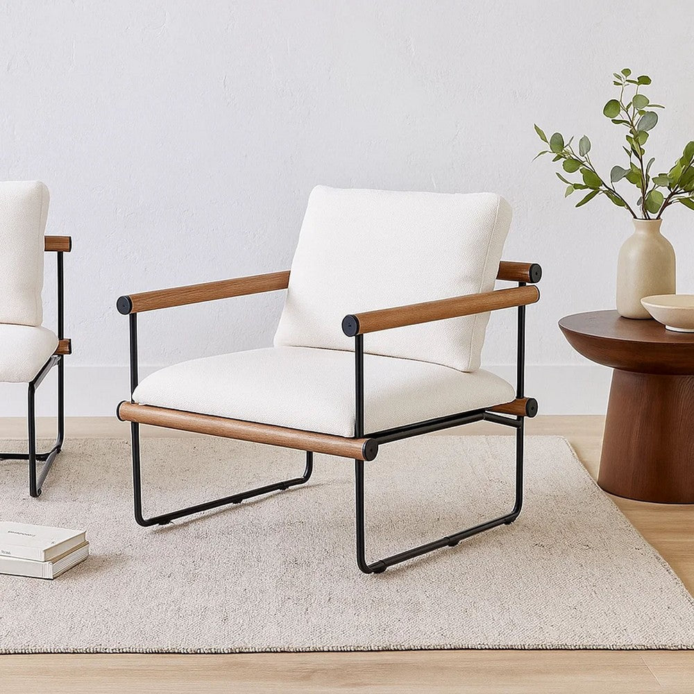 Accent Armchair, Brown Solid Wood Armrests, 31 Inch, Cream Fabric Seat - BM338644