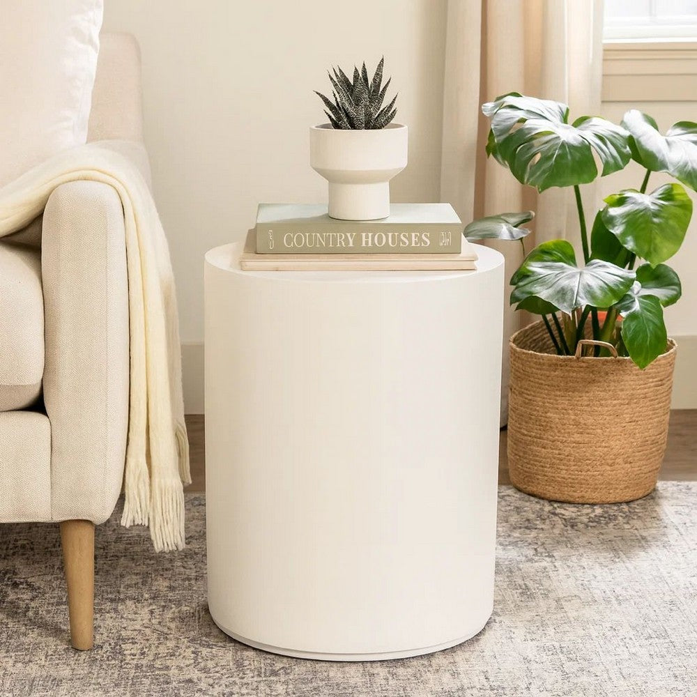 Viko Round Side End Table, White Wood Faux Concrete Finish, 20 Inch -BM338648