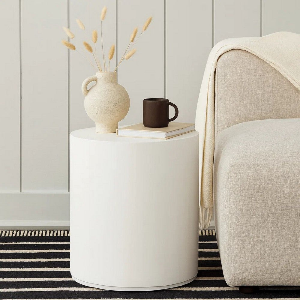 Viko Round Side End Table, White Wood Faux Concrete Finish, 20 Inch -BM338648