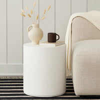 Viko Round Side End Table, White Wood Faux Concrete Finish, 20 Inch -BM338648