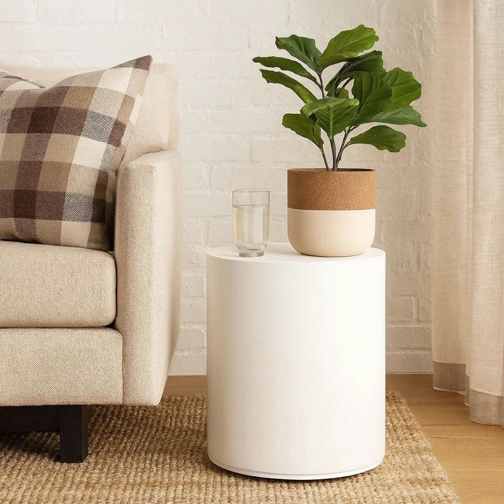 Viko Round Side End Table, White Wood Faux Concrete Finish, 20 Inch -BM338648