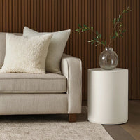 Viko Round Side End Table, White Wood Faux Concrete Finish, 20 Inch -BM338648