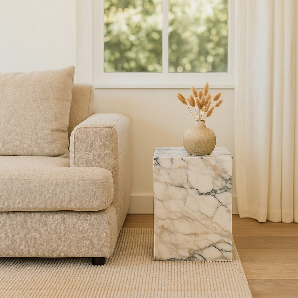 Rey Side End Table, 15 Inch Square Natural Viola Marble Pedestal -BM338655