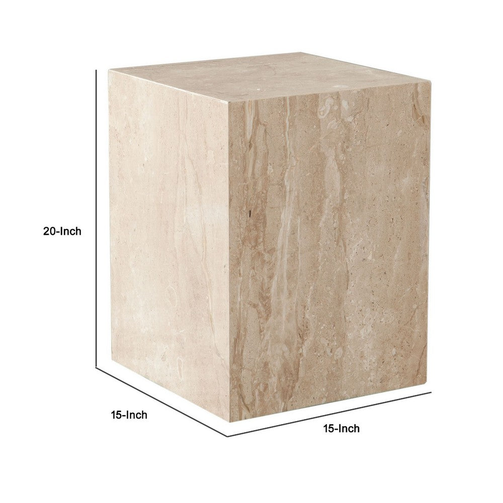 Rey Side End Table, 15 Inch Square Natural Beige Marble Pedestal -BM338657