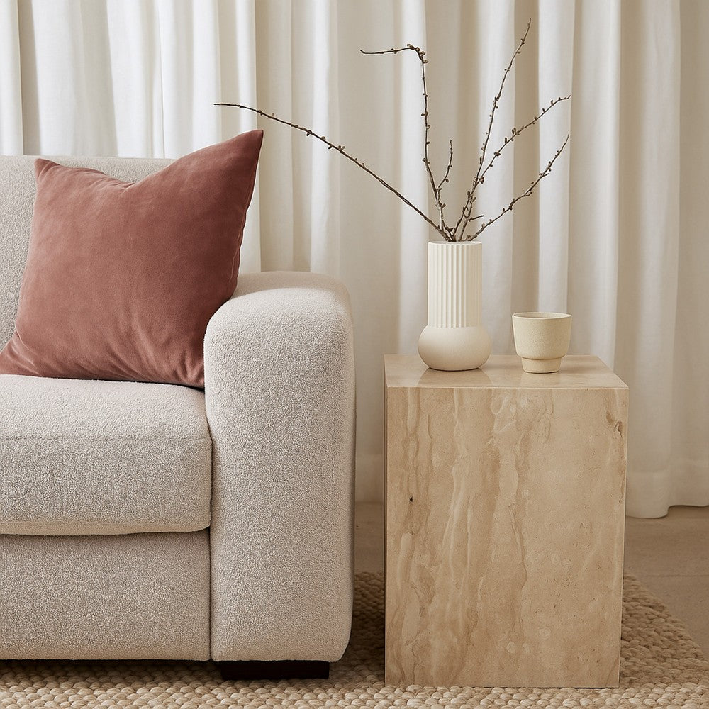 Rey Side End Table, 15 Inch Square Natural Beige Marble Pedestal -BM338657