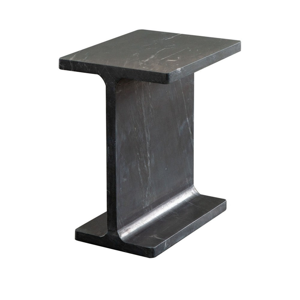 Isy Accent End Table, 15 Inch Black Marquina I-Beam Shaped Natural Marble -BM338660