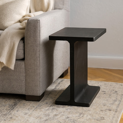 Isy Accent End Table, 15 Inch Black Marquina I-Beam Shaped Natural Marble -BM338660