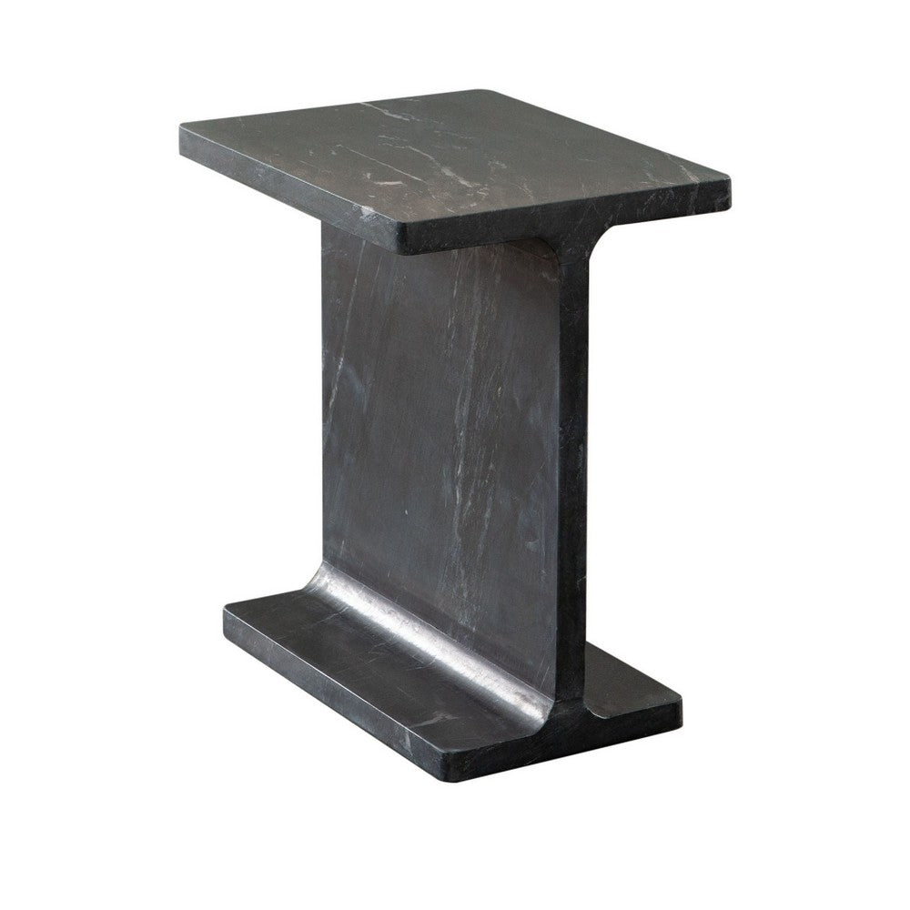 Isy Accent End Table, 15 Inch Black Marquina I-Beam Shaped Natural Marble -BM338660