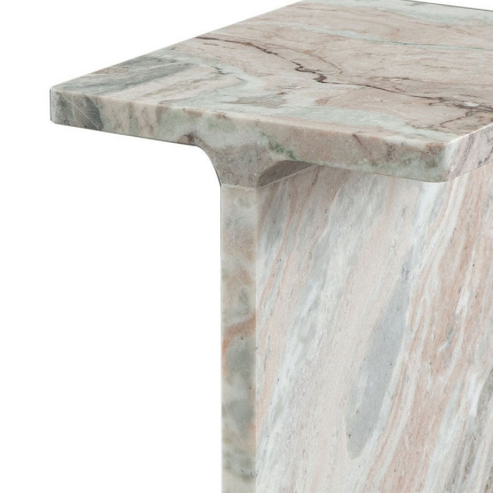 Isy Accent End Table, 15 Inch Natural Tan Brown I-Beam Shaped Marble -BM338661