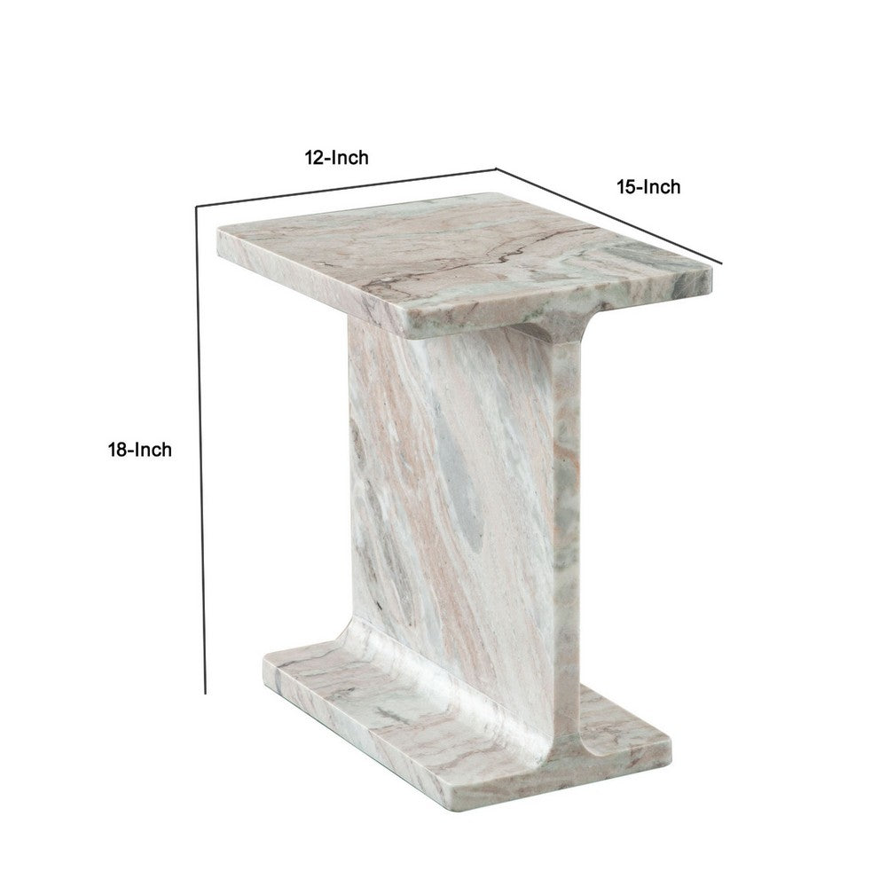 Isy Accent End Table, 15 Inch Natural Tan Brown I-Beam Shaped Marble -BM338661