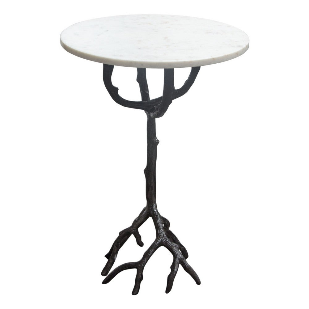 Biry Accent End Table, 16 Inch Round White Marble, Black Aluminium Base -BM338662