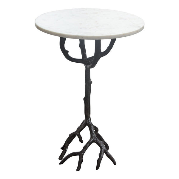 Biry Accent End Table, 16 Inch Round White Marble, Black Aluminium Base -BM338662