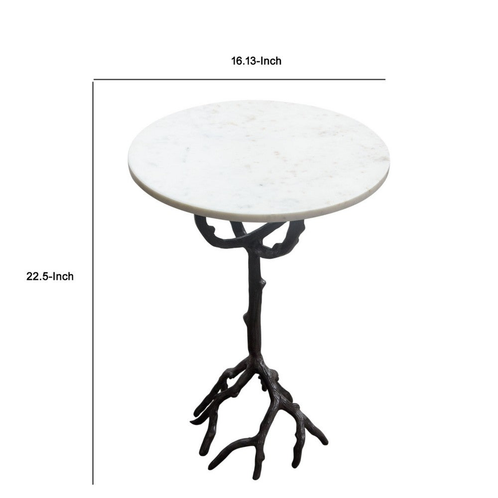 Biry Accent End Table, 16 Inch Round White Marble, Black Aluminium Base -BM338662