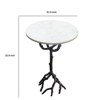 Biry Accent End Table, 16 Inch Round White Marble, Black Aluminium Base -BM338662