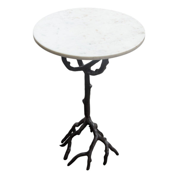 Biry Accent End Table, 16 Inch Round White Marble, Black Aluminium Base -BM338662