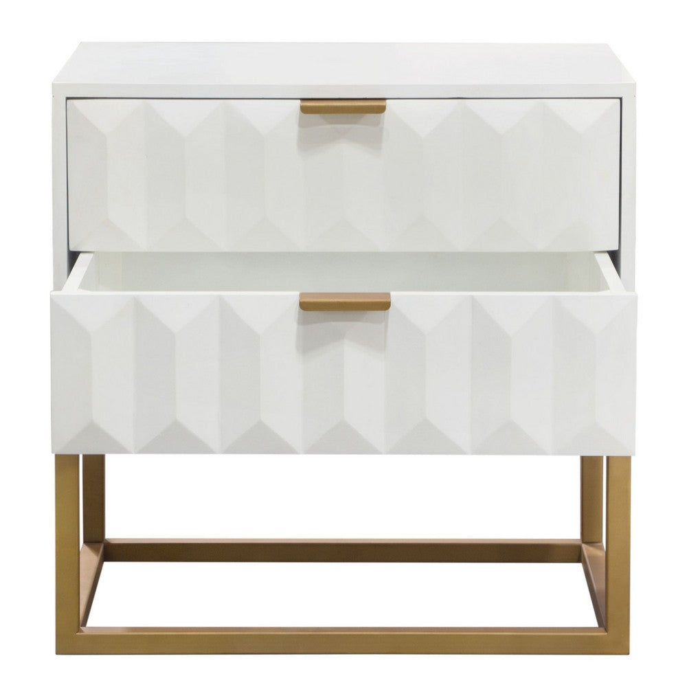 Fiva Nightstand, 2 Drawers, White Solid Mango Wood, Gold Iron Legs - BM338667