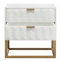 Fiva Nightstand, 2 Drawers, White Solid Mango Wood, Gold Iron Legs - BM338667