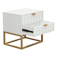 Fiva Nightstand, 2 Drawers, White Solid Mango Wood, Gold Iron Legs - BM338667