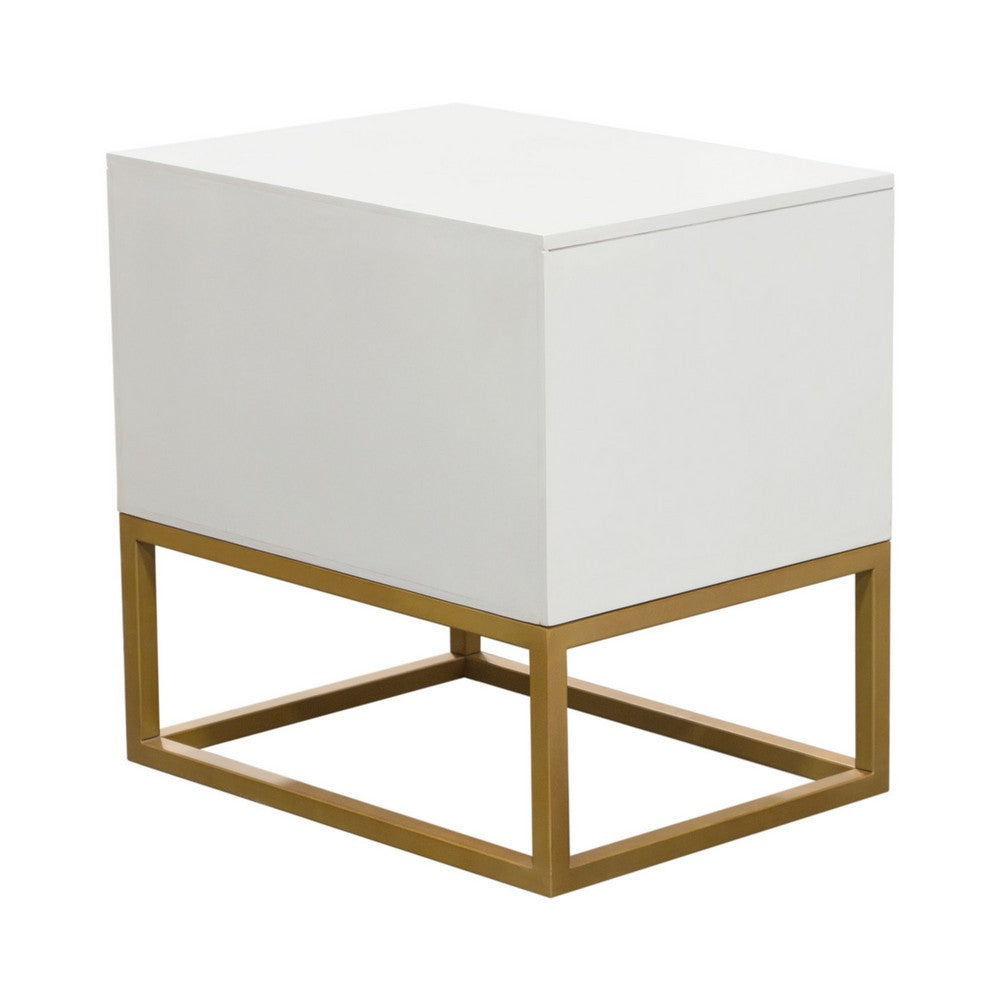 Fiva Nightstand, 2 Drawers, White Solid Mango Wood, Gold Iron Legs - BM338667
