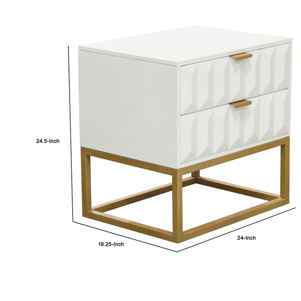 Fiva Nightstand, 2 Drawers, White Solid Mango Wood, Gold Iron Legs - BM338667