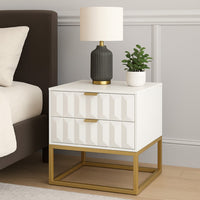 Fiva Nightstand, 2 Drawers, White Solid Mango Wood, Gold Iron Legs - BM338667