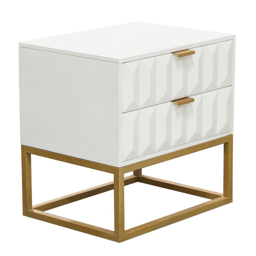 Fiva Nightstand, 2 Drawers, White Solid Mango Wood, Gold Iron Legs - BM338667