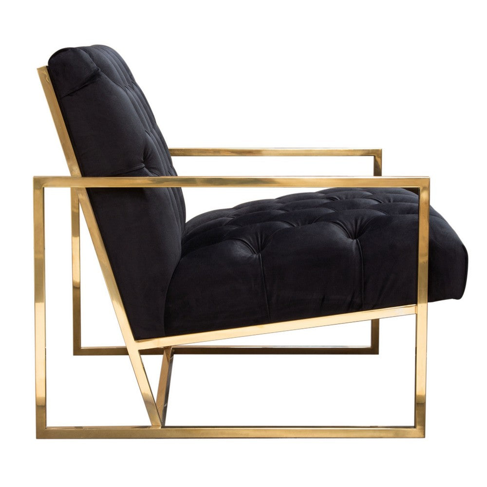 Masy Accent Armchair, Black Tufted Velvet Angled Seat and Back, Gold Legs - BM338670