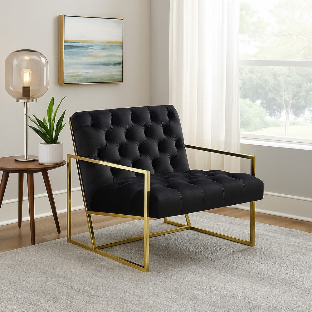 Masy Accent Armchair, Black Tufted Velvet Angled Seat and Back, Gold Legs - BM338670