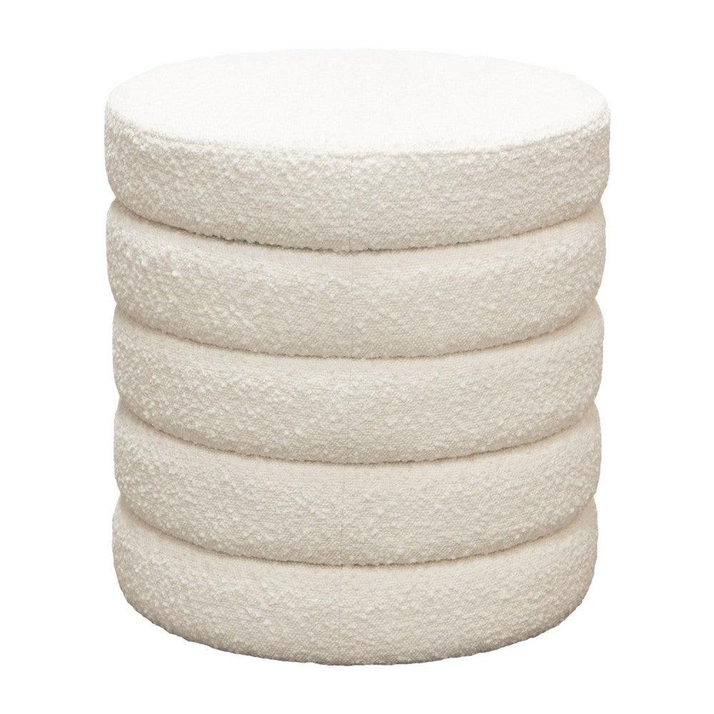 Accent Ottoman, 17 Inch, Ivory Boucle Upholstery, Round Stacked Design - BM338681