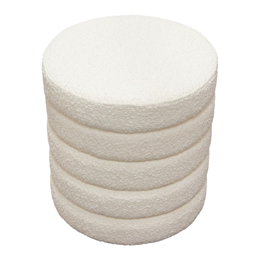 Accent Ottoman, 17 Inch, Ivory Boucle Upholstery, Round Stacked Design - BM338681