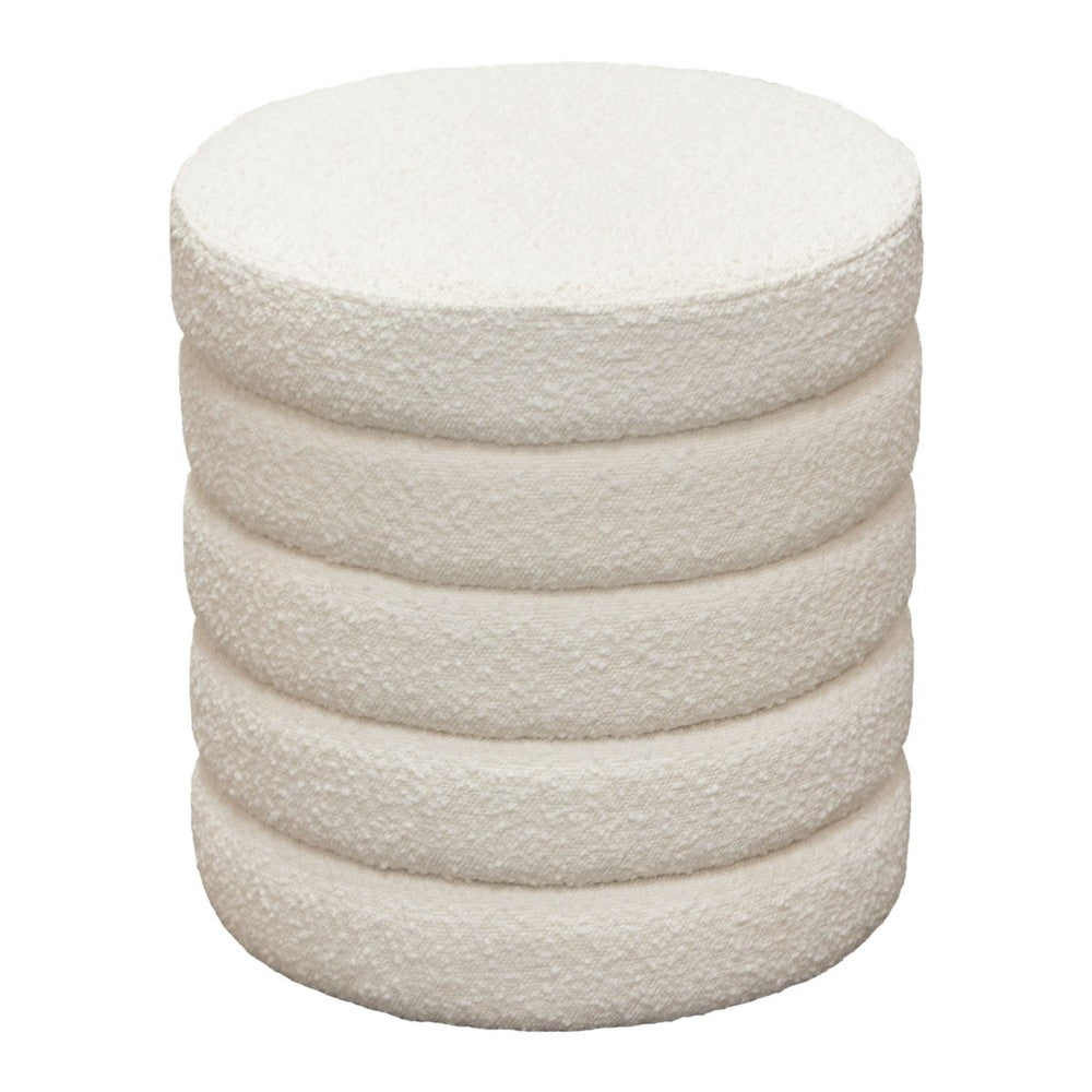 Accent Ottoman, 17 Inch, Ivory Boucle Upholstery, Round Stacked Design - BM338681