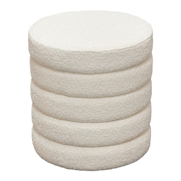 Accent Ottoman, 17 Inch, Ivory Boucle Upholstery, Round Stacked Design - BM338681
