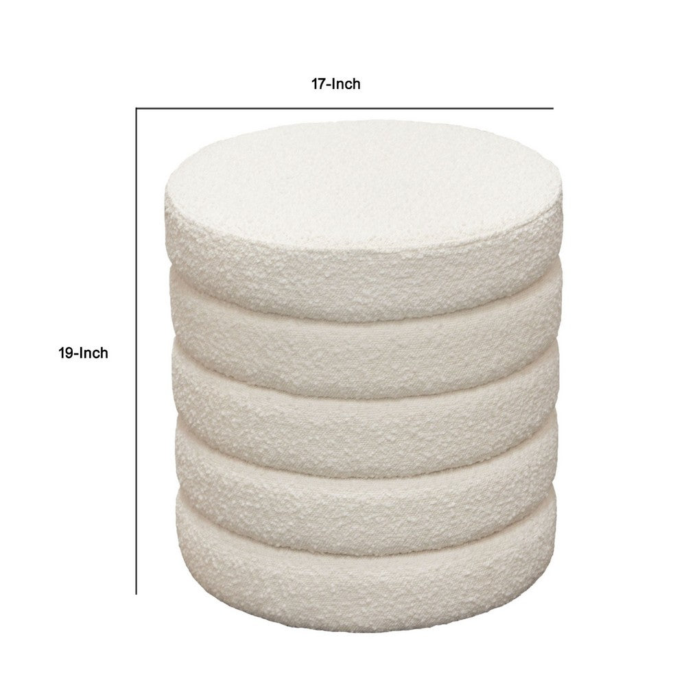 Accent Ottoman, 17 Inch, Ivory Boucle Upholstery, Round Stacked Design - BM338681