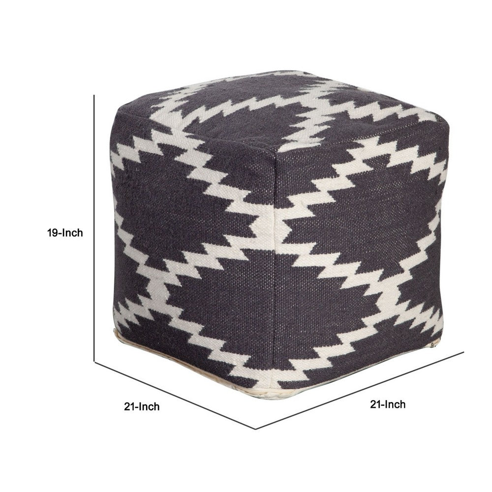Poby Accent Pouf, 19 Inch Square Body, White and Gray Zig Zag Pattern - BM338687